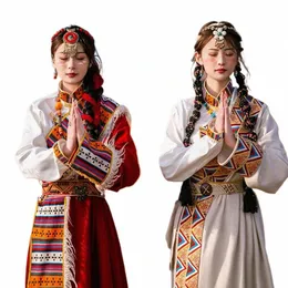 women Daily Autumn and Winter Chinese Robe Improved Style Han Elements Tibetan Clothing Ethnic Style Han Clothing Dance Costumes H5Nm#
