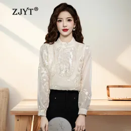 Zjyt estilo chinês bordado camisas e blusas femininas manga longa miçangas lantejoulas soltas elegantes vintage primavera 240322