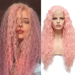 Nxy Vhair Perucas Rongduoyi Rosa Cor Solta Ondulada Sintética Longa Onda Onda Parte Média Natural Lace Front Wig Cosplay Daily Women Use Hair 240330