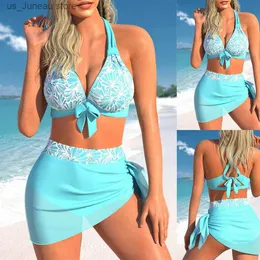 Kvinnors badkläder Nya kvinnors bikini Tvådelar Set Regular Blue Neck Hanging Bow Sexig och fashionabla strandväst Kort kjol S-5XL T240330