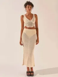 Summer Sexy Hollow Out Knit Vneck Sleeveless LaceUp Tops Elastic Waist Skirts 2 Piece Set Women Beachwear Coverups A2445 240326