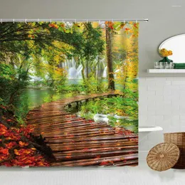 Cortinas de chuveiro outono floresta paisagem ponte de madeira árvores folhas vermelhas cachoeira natureza cenário decoração para casa conjunto cortina do banheiro
