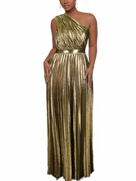 eleganti donne anche Dres lusso Maxi Lg metallico pieghettato Dr una spalla Sleevel Premium Shiny Shimmer abiti di grandi dimensioni D4Zq #