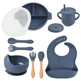 Conjunto de talheres de alimentação de bebê de silicone, placas divididas de silicone com sucção ajustável, canudo de silicone com tampa, 240322, com 10 peças