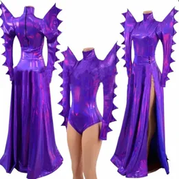 discoteca Ds Dj Gogo Wear Pole Dance Outfit Drag Queen Costume sexy viola Laser esagerato spalla Body Dr i1p7 #