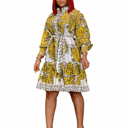 plus Size Vacati Dr Yellow All Tropical Print Stand Collar Lg Sleeve Midi Dr o7jn#