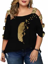 Plus Size Tops Donna 2023 Summer Female Paillettes Hole Sleeve Butterfly Stampa Chic Elegante Tee Shirt Allentata Camicetta di grandi dimensioni k3AU #