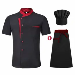 uniforme de chef unissex de alta qualidade, roupas de trabalho de cozinha de hotel, manga curta, uniforme de chef de restaurante, camisa de cozinha, jaqueta + chapéu + abril O4BH #