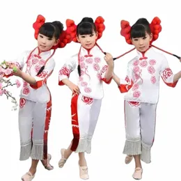 Ano Novo Chinês Traje de Dança Natial Menina Yangko Dancer Wear Criança Traje Folclórico Chinês Papel-cortes Fan Dance Costume 89 H63m #