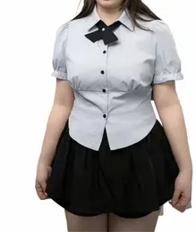 Mulheres Plus Size 4XL JK Uniform Set Two-piece Daily Girls Camisas de Manga Curta Puff Verão Colete Cintura Slim Blusa Saia Preta a9A5 #