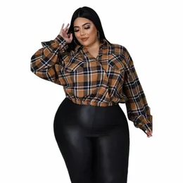 WaterArea Fi Plaid Print Women's Shirt Top Casual Hel ärmar Pocket Cott Bluses Plus Size Women Shirt Tops New Spring 36Mi#