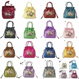 retro ricamo raso di seta coulisse borse borse di stoccaggio Fr Hanfu borsa delle donne portafogli borsa cosmetica casual L07u #