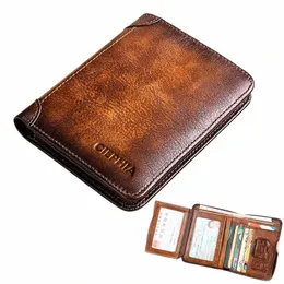 genuine Leather Rfid Protecti Wallets for Men Vintage Thin Short Multi Functi ID Credit Card Holder Mey Bag m6uw#