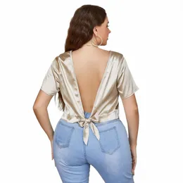 Plus-storlek kvinnors blus 2023 Ny sommar kortärmad solid färg backl-toppar blusar stor storlek casual kvinnlig sexig t-shirt 01o4#