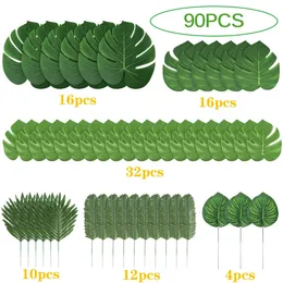 90 Pieces 6 Kinds Artificial Palm Leaves Tropical Leaves Decorations For Jungle Party Decorations Beach Birthday Luau Hawaiian 240323