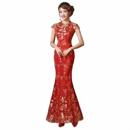Chińskie noworoczne ubrania Haft LG Dr czerwony chińska syrena ogon weselny koronka Chegsam Qipao plus rozmiar Hanfu v9ju#