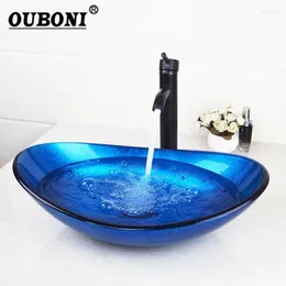 Badezimmer-Waschtischarmaturen OUBONI Blue Glass Tap Mixer Round Faucet Bath Set Art Basin Hand-Paint Vanity ORB