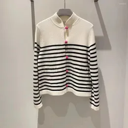 Malhas femininas 2024 primavera cashmere listra chinês gola pan botão de malha cardigan suéteres para mulher