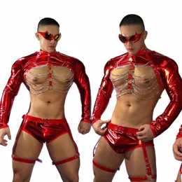 Costume da ballo rosso Pole per uomo Cinghie pettorali sexy Top corto Discoteca Gogo Abbigliamento da ballo Dj Ds Rave Outfit Clubwear VDB7258 E7Qt #