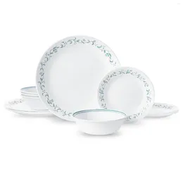 Placas Corelle Country Cottage White and Green Round 12 peças Conjunto de utensílios