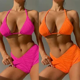 Kadın Mayo 2024 Yeni Kadınlar Üç Parça Bikini Seti Yaz Açık Mekan Mid Rise Plaj Sling Kolye Push Up Myway J240330