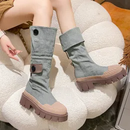 Boots JMPRS Retro Denim chunky Platform Boots Women 2023 Autumn Patchwork Western Style Cowboy Boots Woman Hight Calf Botas