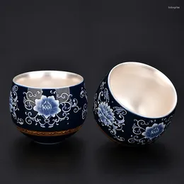 Koppar tefat blå och vit förgylld silver tecup handgjorda keramiska butik te cup bärbara enskilda skål hushåll tesevaror tillbehör