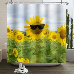 シャワーカーテンサングラス付き面白いヒマワリ3Dカーテンガーデン黄色い花の防水バスルームパーティション植物