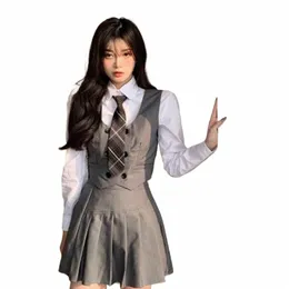 Kawaii Lady Uniformi scolastiche Gilet casual Giacca Camicia Gonna a pieghe Cravatta Manica Lg Abito scolastico Set stile college femminile 44HE #