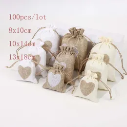 100pcs/lot 10x14cm kalp şekli jüt çizim poşetleri küçük mücevher torbaları pamuk keten çantalar Çuval Çekmek Ambalaj Hediye Çantası