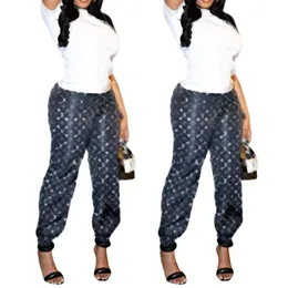 女性パンツデザイナーズボンファッションレターパターンカジュアルパンツ豪華なパッド入り弾性ハイウエストストレートズボンワイドレッグパンツレディカジュアルフレア