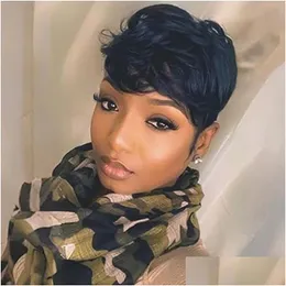Lace Wigs Short Bob Wig Human Hair Pixie Cut For Black Women None Front With Bangs Layered Wavy Fl Hine Made 180Nsity Drop Delivery Pr Otkye