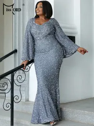 Missord Grey Paiugine Abiti da sera Plus Size Women Elegant V Neck Trumpet Maniche Maxi Party Prom Mermaid Abito da abito lungo