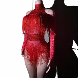 drag Queen Costumes Red Rhinestes Fringed Bodysuit Women Gogo Dance Rave Outfit Dj Ds Stage Jazz Clothes Clubwear XS7483 K3ke#