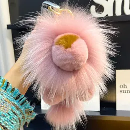 Rosa echte echte Kaninchen Rex Pelz Löwe Pompom Ball Tasche Charme Schlüsselanhänger Kinder Puppe Spielzeug Anhänger Geschenk