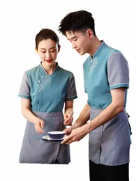 2023 novo garçom chinês camisa de manga curta + abril + calças verão feminino hotel restaurante uniforme de trabalho navio livre workwear q8we #