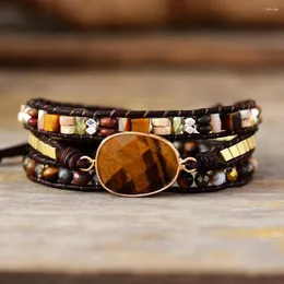 Strand Men Women Brown Leather Wrap Armband w/ Tiger Eye Mixed Stones pärlor 3 trådar Älskare smycken grossist dropship