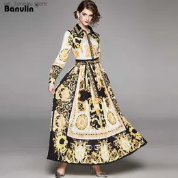 Vestidos Casuais Básicos Banulin Runway Designer Womens Maxi Vestido 2020 Primavera Vintage Barroco Floral Impressão Puff Slve Sashes Camisa Plissada Vestido T240330