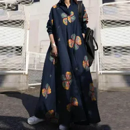 Abiti casual Abito traspirante Manica lunga Stampa floreale Stile etnico Maxi per donna con maniche con colletto rovesciato Taglie forti