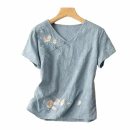 China Estilo Primavera Verão Impressão T-shirt Solta Top Oriental Roupas Femininas Blusas Chinesas para Mulheres Retro Cott Camisa de Linho z0Bi #