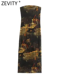 Zevity Women Sexy Strapless Oil Painting Printing Mesh Slim Midiドレス女性シックブランドパーティーVestidos DS3438 240315