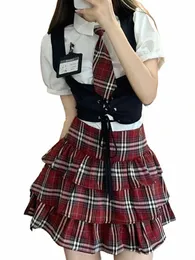 japanese Kawaii School Girl Uniform Korean Style Sweet Cute Cosplay JK Uniform Summer Black Mini Vest and Plaid Skirt Sets 2023 L7PO#