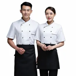 Chef uniforme gola manga curta cor sólida remendo bolso roupas de trabalho trespassado Baker Bakery Clothes Foodservice N3oU #