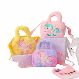 Çocuk Unicorn Nakış Peluş Peluş Crossbody Cüzdanlar ve Çantalar Küçük Kızlar Gökkuşağı Kabarık Çanta Sevimli Çizgi Karto Kürek Omuz Çantası T1U4#