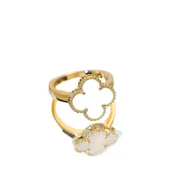 Designer High version Van K Gold Clover Ring Natural White Fritillaria Personality Lucky Flower Agate with Diamond Finger O KQIB