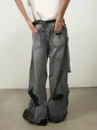Mens Ripped Jeans Wide Leg Denim Pants Loose Fit Hip Hop Style Dark Wash  Trousers, Streetwear Fashion