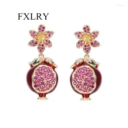 Dangle Earrings FXLRY Creative Design Drop Oil Micro Inset Zircon Flower Pomegranate For Women Jewelry