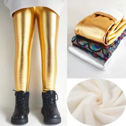 Spodnie jesienne zimowe polar plus dziewczęce spodnie błyszczące złote srebrne długie dzieci chłopcy ciepłe legginsy dla dzieci