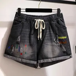 Plus storlek 6xl 150 kg svart sommarbroderi jeans shorts avslappnad stor denim hål kvinnor korta byxor 240322