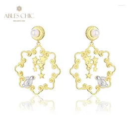 Stud Earrings AC Freshwater Pearls 4-4.5mm Accent Stars And Bird Studs 18K Gold Two Tone Solid 925 Silver Floral Filigree PE1035